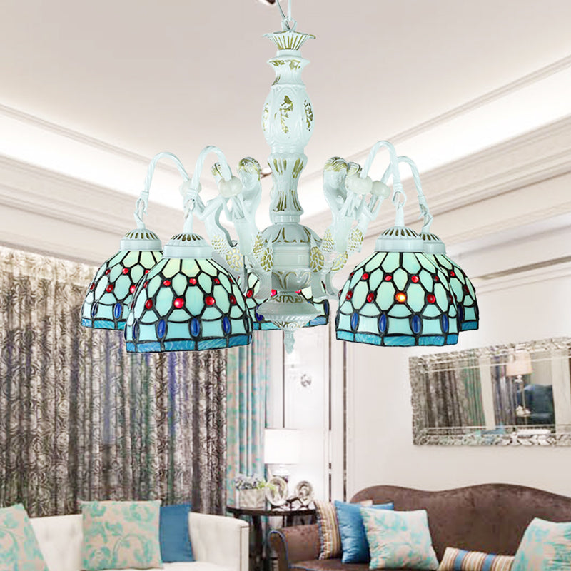 Mediterranean Stained Glass Chandelier With 5 Tiffany Blue Pendant Lights And Flower Gem Accents /