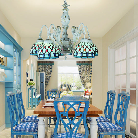 Mediterranean Stained Glass Chandelier With 5 Tiffany Blue Pendant Lights And Flower Gem Accents