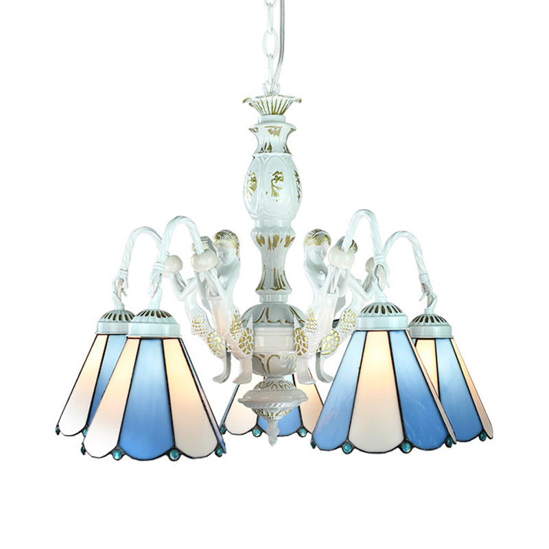 Blue Tiffany Pendant Chandelier with Mediterranean Stained Glass, Wire Mesh, Flowers and Gems - 5 Lights