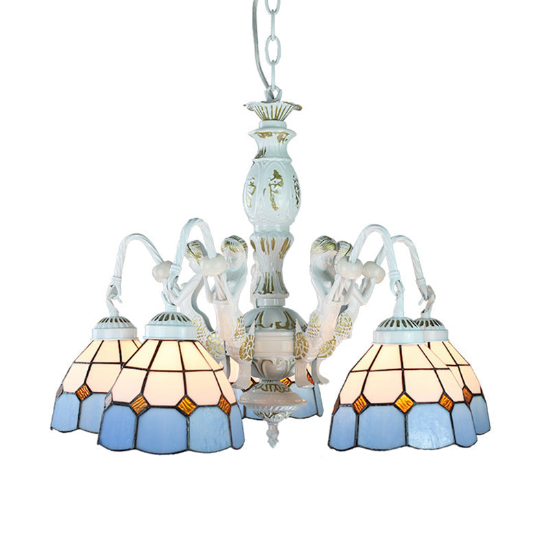 Blue Tiffany Pendant Chandelier with Mediterranean Stained Glass, Wire Mesh, Flowers and Gems - 5 Lights