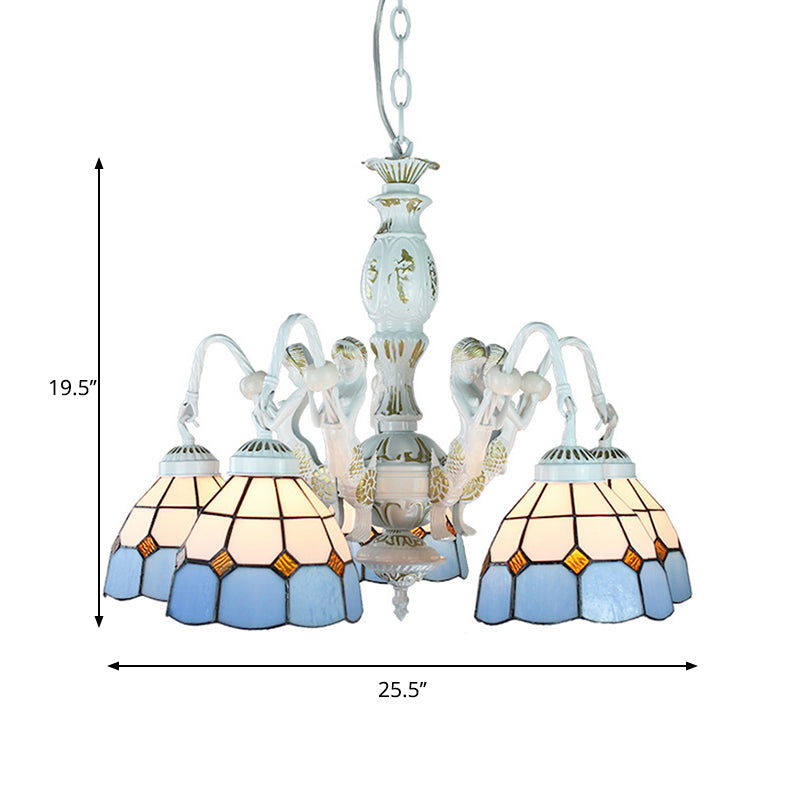 Blue Tiffany Pendant Chandelier with Mediterranean Stained Glass, Wire Mesh, Flowers and Gems - 5 Lights