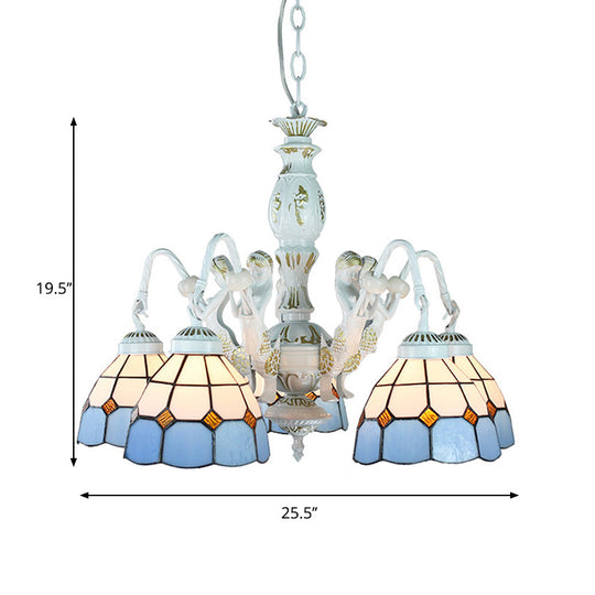 Blue Tiffany Pendant Chandelier with Mediterranean Stained Glass, Wire Mesh, Flowers and Gems - 5 Lights