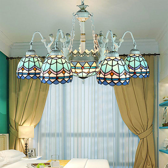 9-Light Tiffany Stained Glass Chandelier with Blue Mediterranean/Wire Mesh Design and Flower Gem Pendant