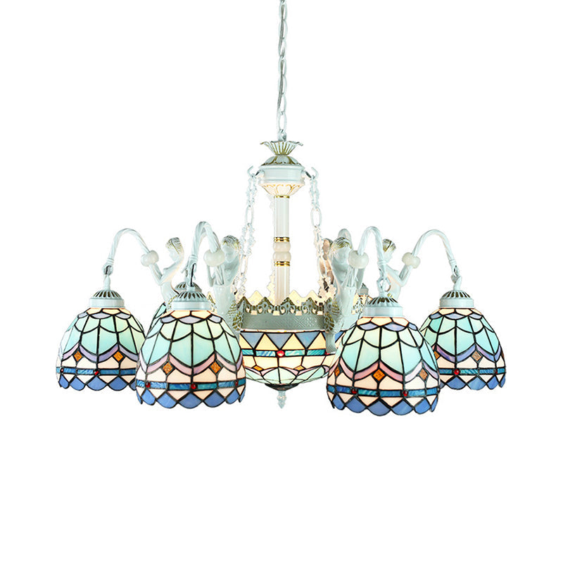 9-Light Tiffany Stained Glass Chandelier with Blue Mediterranean/Wire Mesh Design and Flower Gem Pendant