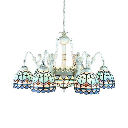 9-Light Tiffany Stained Glass Chandelier with Blue Mediterranean/Wire Mesh Design and Flower Gem Pendant