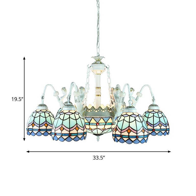 9-Light Tiffany Stained Glass Chandelier with Blue Mediterranean/Wire Mesh Design and Flower Gem Pendant