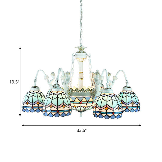 9-Light Tiffany Stained Glass Chandelier with Blue Mediterranean/Wire Mesh Design and Flower Gem Pendant