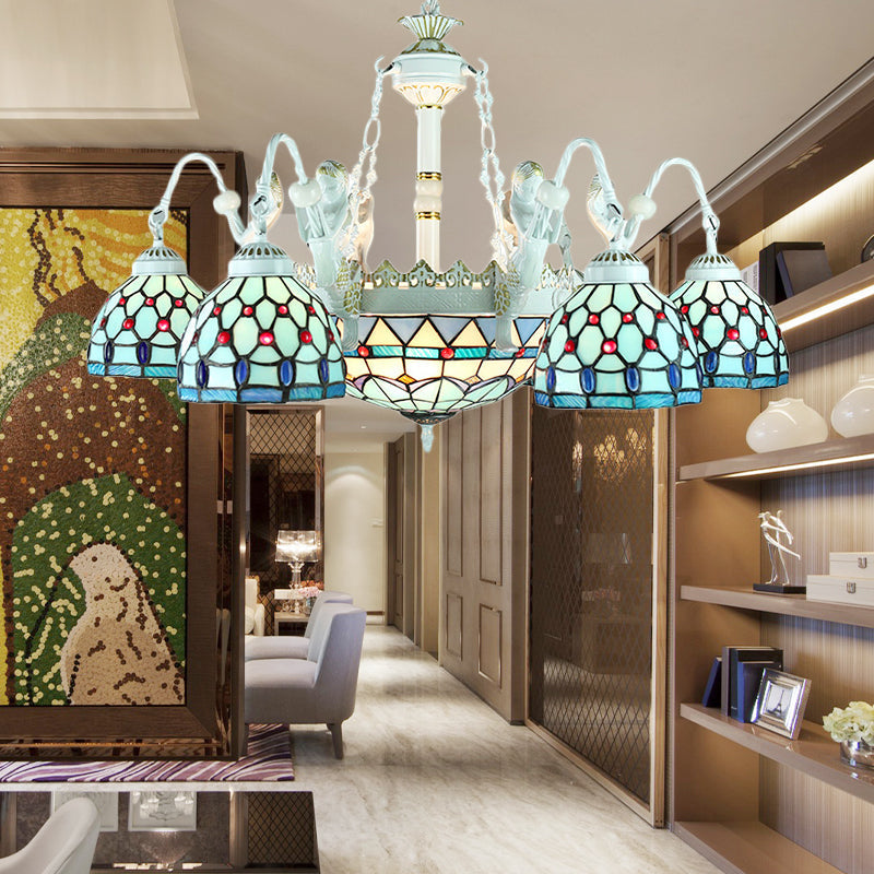 9-Light Tiffany Stained Glass Chandelier with Blue Mediterranean/Wire Mesh Design and Flower Gem Pendant