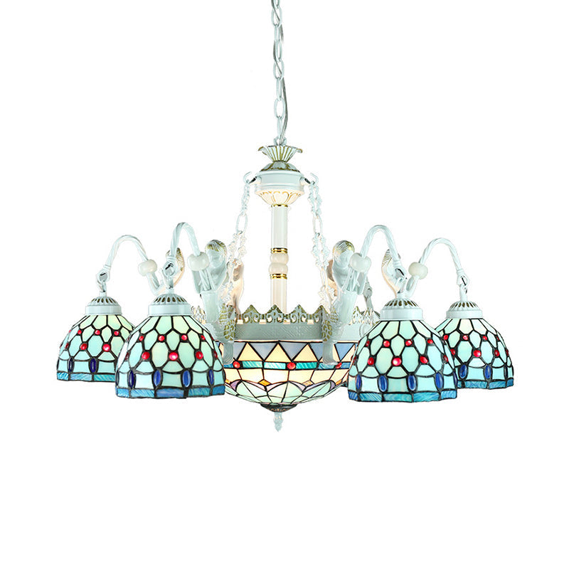 9-Light Tiffany Stained Glass Chandelier with Blue Mediterranean/Wire Mesh Design and Flower Gem Pendant