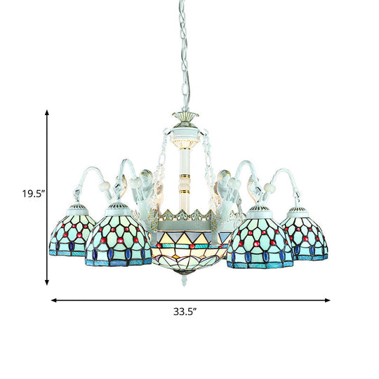 9-Light Tiffany Stained Glass Chandelier with Blue Mediterranean/Wire Mesh Design and Flower Gem Pendant