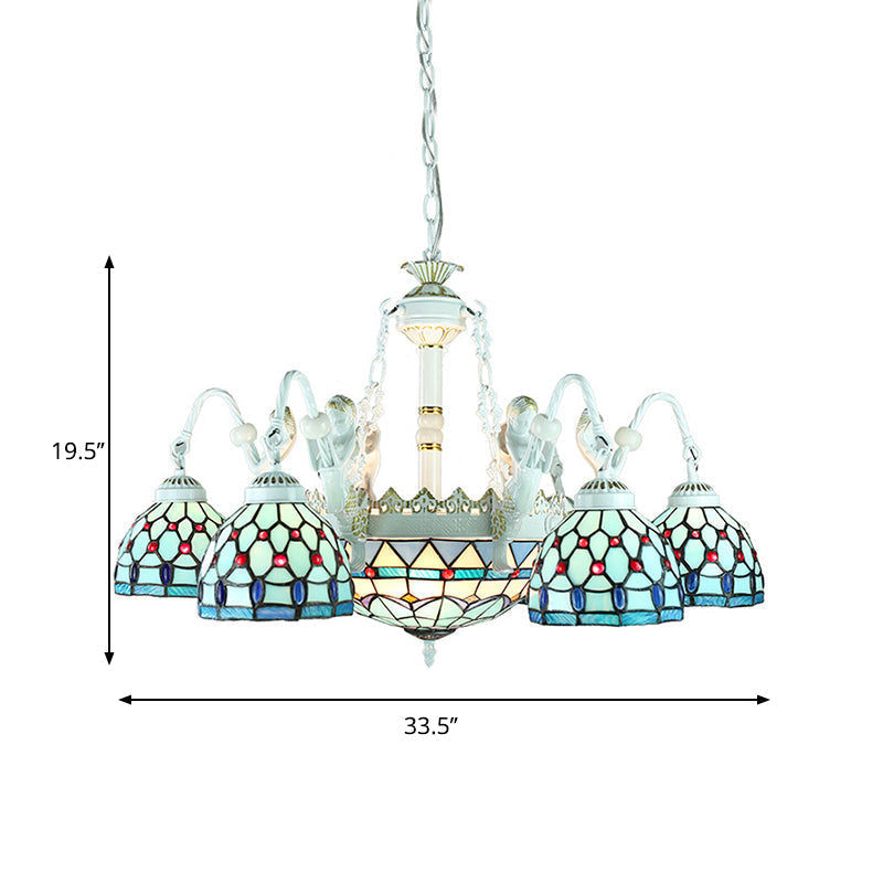 Blue Mediterranean Stained Glass Chandelier Lamp - Wire Mesh Design With Flower And Gem Pendants