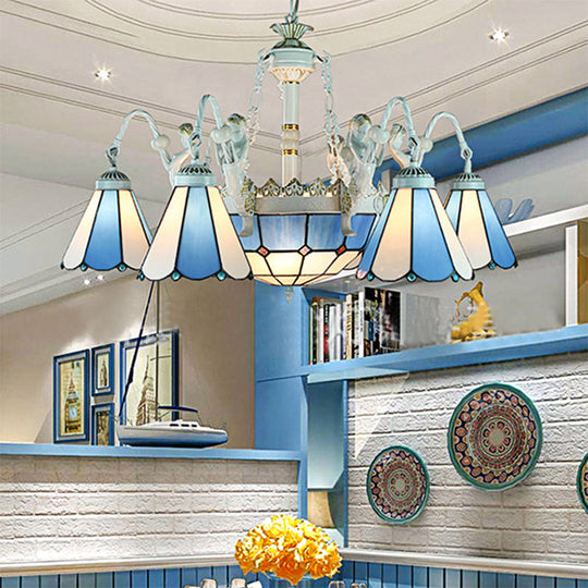 Blue Mediterranean Stained Glass Chandelier Lamp - Wire Mesh Design With Flower And Gem Pendants