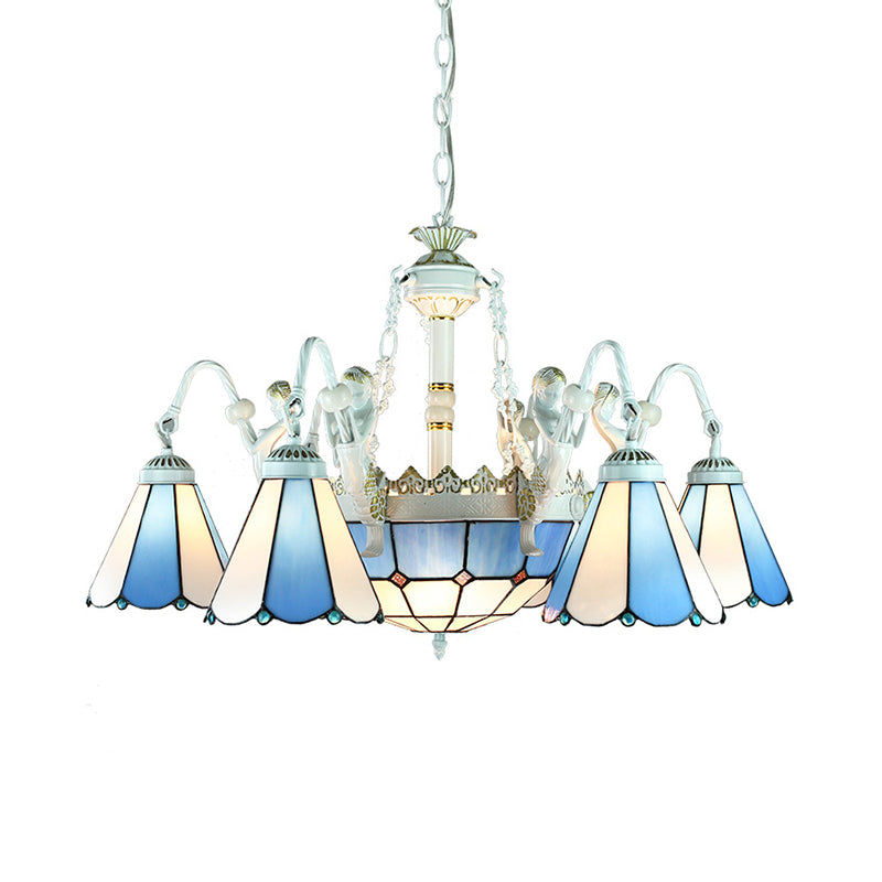 9-Light Tiffany Stained Glass Chandelier with Blue Mediterranean/Wire Mesh Design and Flower Gem Pendant