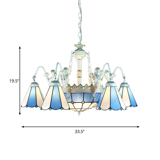 9-Light Tiffany Stained Glass Chandelier with Blue Mediterranean/Wire Mesh Design and Flower Gem Pendant