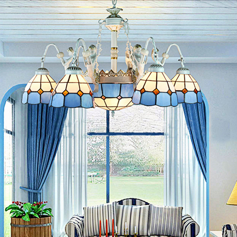 Blue Mediterranean Stained Glass Chandelier Lamp - Wire Mesh Design With Flower And Gem Pendants