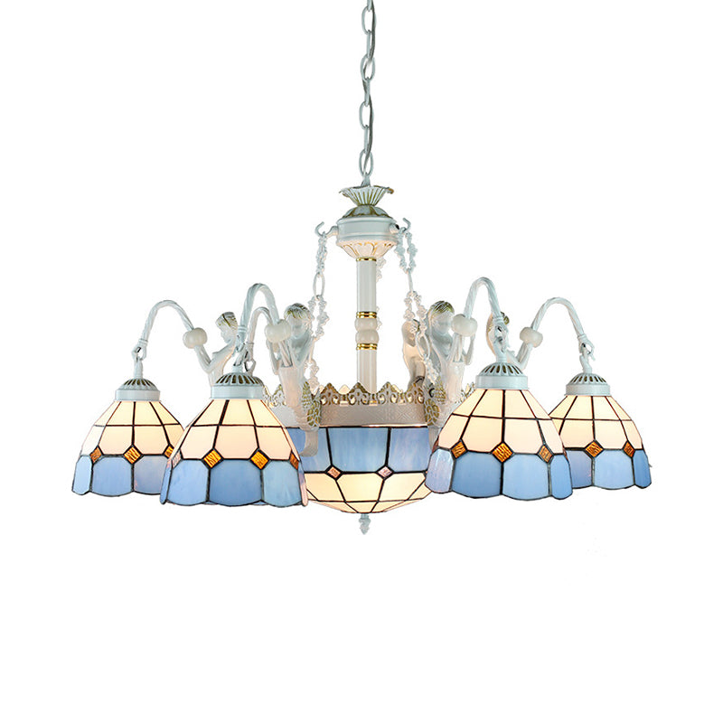 9-Light Tiffany Stained Glass Chandelier with Blue Mediterranean/Wire Mesh Design and Flower Gem Pendant