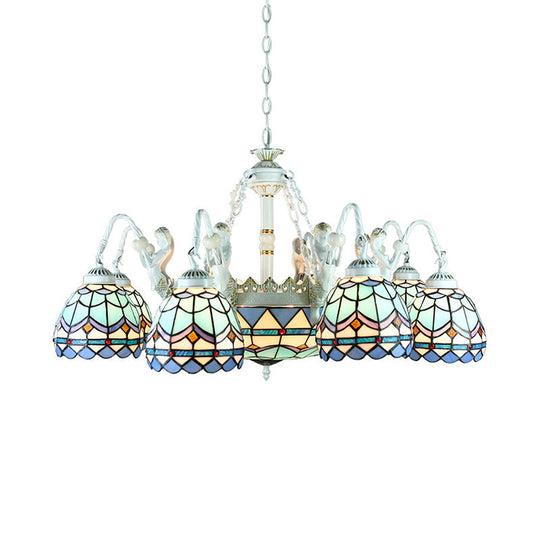 Tiffany Stained Glass Chandelier with Mediterranean Gem and Flower Design - 11-Light White Pendant Lamp