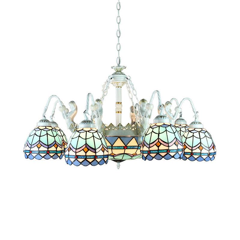 Tiffany Stained Glass Chandelier Pendant Light With 11 White Lights - Mediterranean Wire Mesh Design