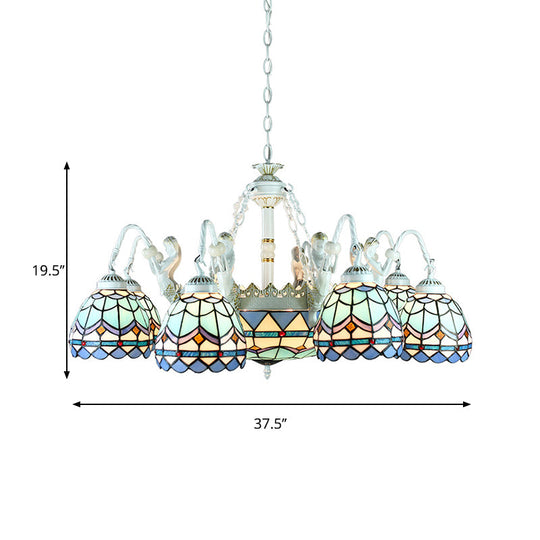 Tiffany Stained Glass Chandelier with Mediterranean Gem and Flower Design - 11-Light White Pendant Lamp