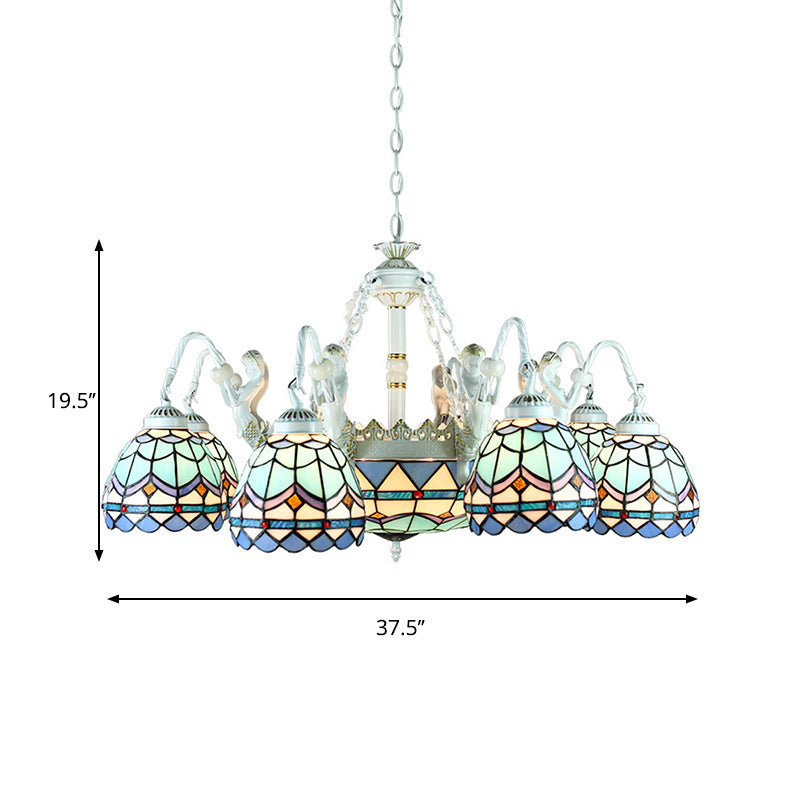 Tiffany Stained Glass Chandelier Pendant Light With 11 White Lights - Mediterranean Wire Mesh Design