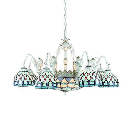 Tiffany Stained Glass Chandelier with Mediterranean Gem and Flower Design - 11-Light White Pendant Lamp