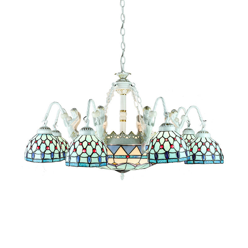 Tiffany Stained Glass Chandelier Pendant Light With 11 White Lights - Mediterranean Wire Mesh Design