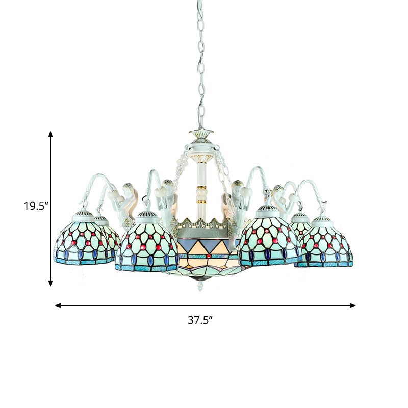 Tiffany Stained Glass Chandelier with Mediterranean Gem and Flower Design - 11-Light White Pendant Lamp