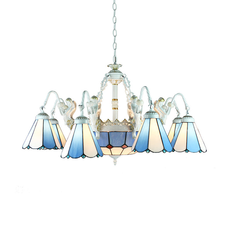 Tiffany Stained Glass Chandelier with Mediterranean Gem and Flower Design - 11-Light White Pendant Lamp