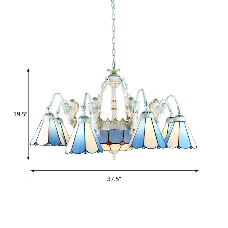 Tiffany Stained Glass Chandelier with Mediterranean Gem and Flower Design - 11-Light White Pendant Lamp