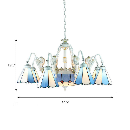 Tiffany Stained Glass Chandelier with Mediterranean Gem and Flower Design - 11-Light White Pendant Lamp