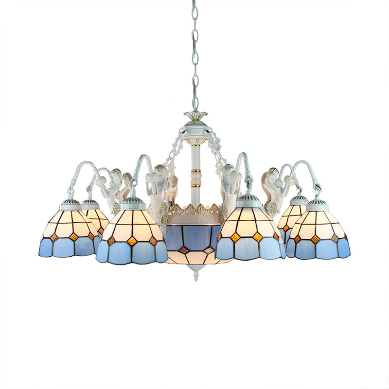 Tiffany Stained Glass Chandelier with Mediterranean Gem and Flower Design - 11-Light White Pendant Lamp