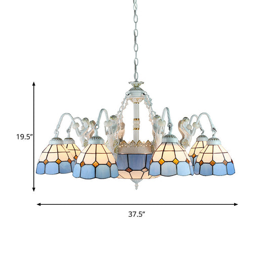 Tiffany Stained Glass Chandelier with Mediterranean Gem and Flower Design - 11-Light White Pendant Lamp