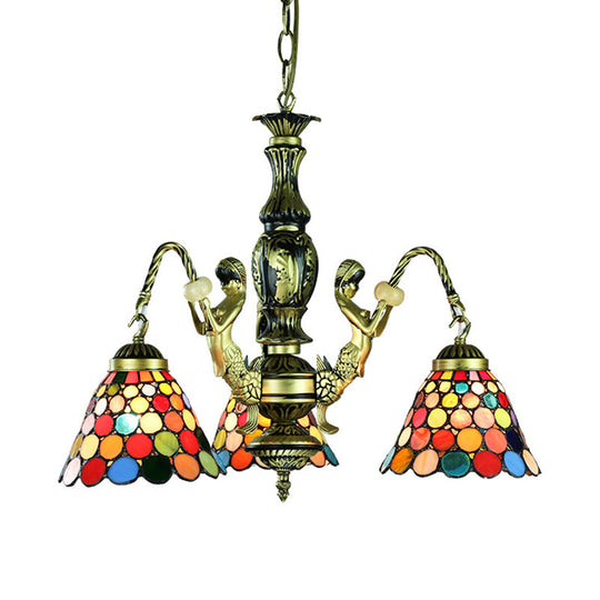 Antique Bronze Bell Chandelier Lamp with Tiffany Stained Glass, 3 Lights and Mermaid Arm