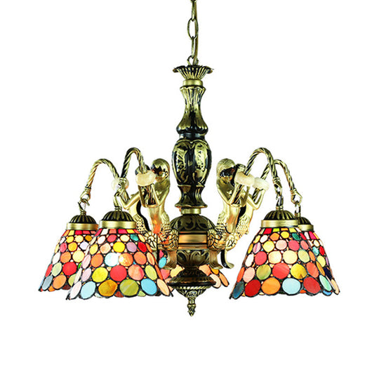 5-Light Tiffany Style Bell Shade Stained Glass Ceiling Chandelier In Antique Bronze - Bedroom