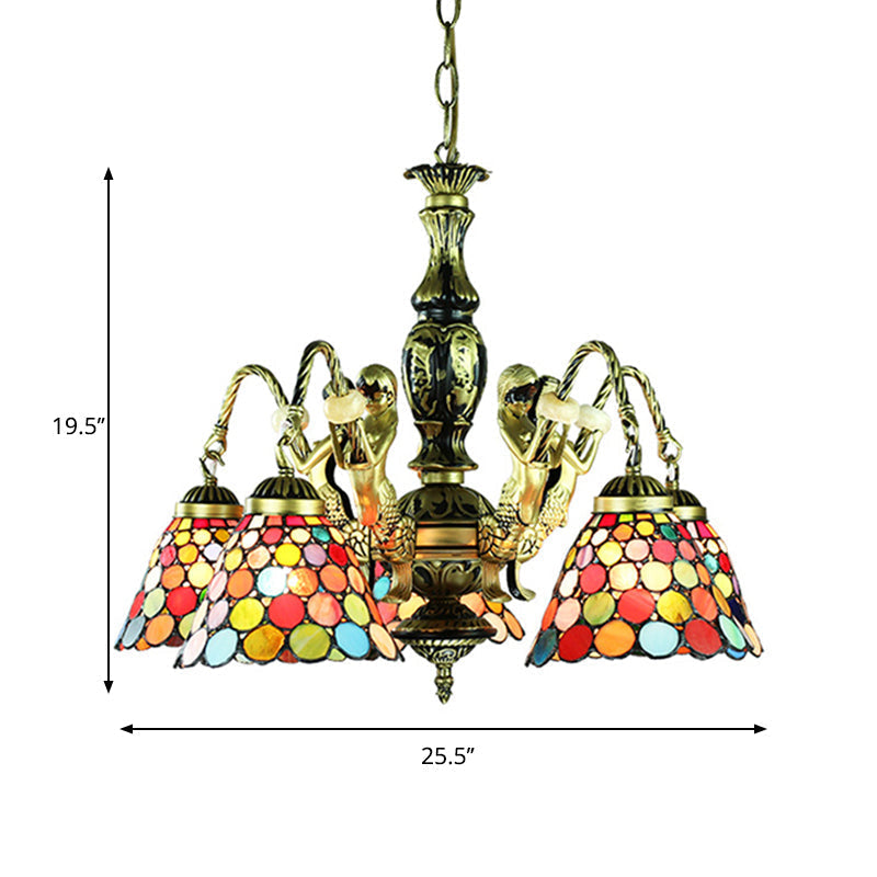 5-Light Tiffany Style Bell Shade Stained Glass Ceiling Chandelier In Antique Bronze - Bedroom