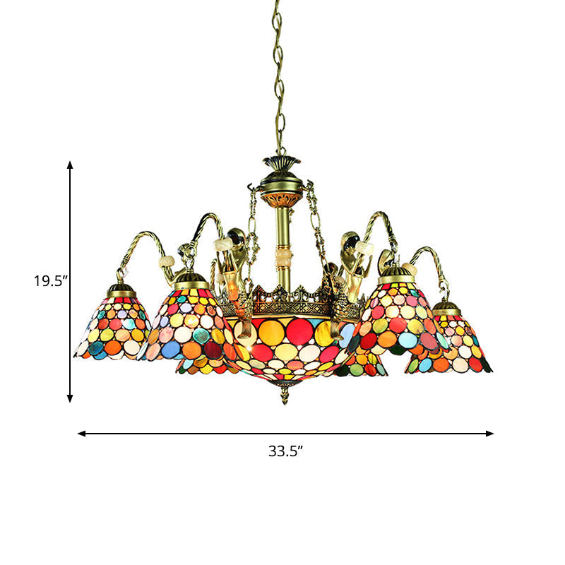 Antique Bronze Conical Pendant Light - Tiffany Style Stained Glass Chandelier with 9/11 Lights