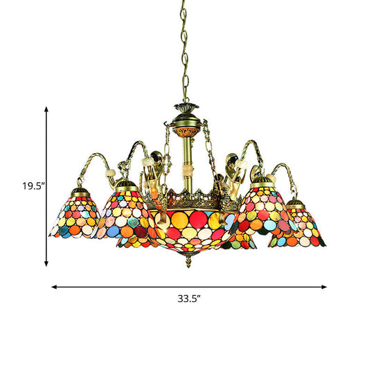 Antique Bronze Conical Pendant Light - Tiffany Style Stained Glass Chandelier with 9/11 Lights