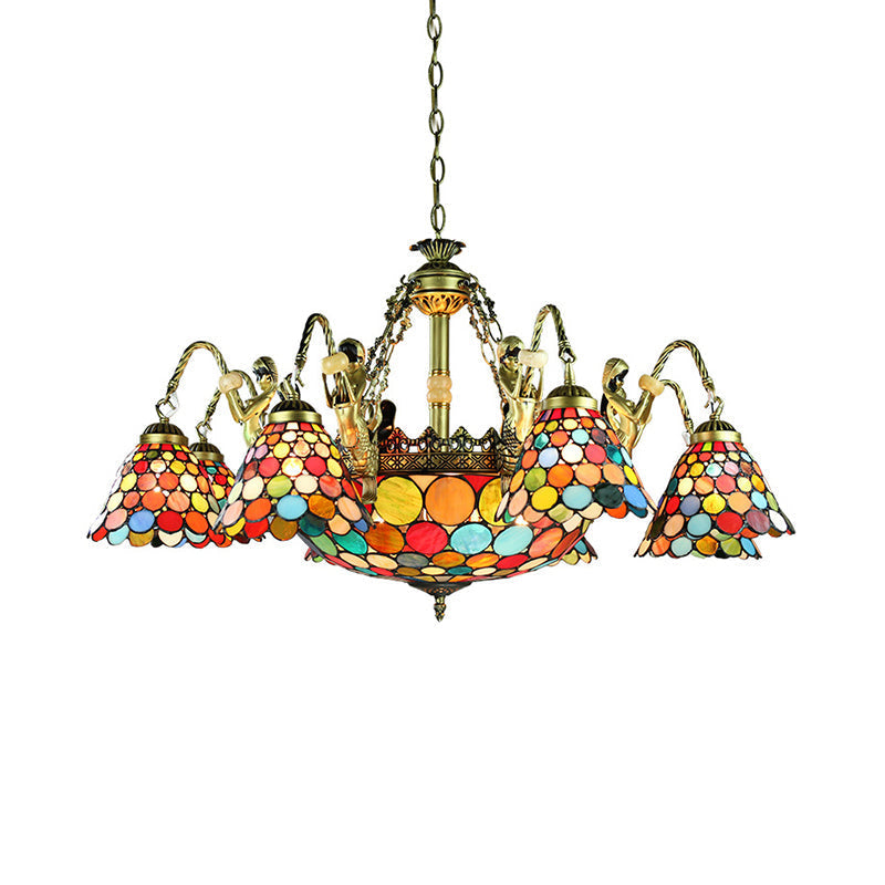 Antique Bronze Conical Pendant Light - Tiffany Style Stained Glass Chandelier with 9/11 Lights