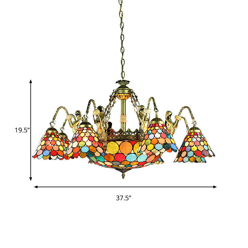 Antique Bronze Conical Pendant Light - Tiffany Style Stained Glass Chandelier with 9/11 Lights