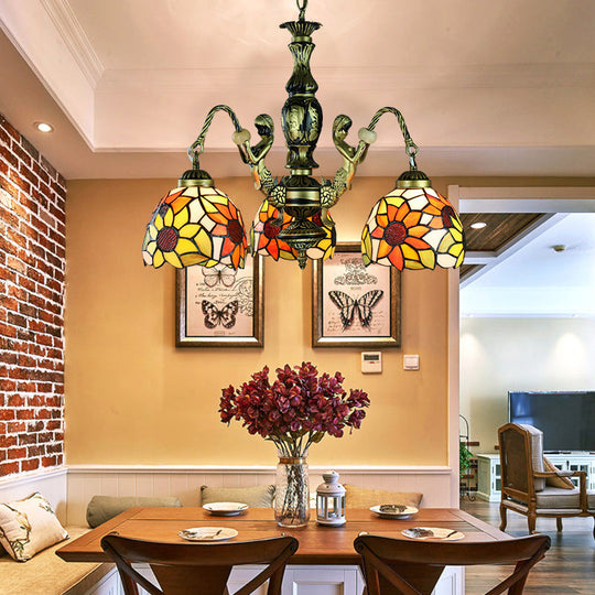 Baroque Orange Chandelier with Stained Glass Sunflower Shade and 3 Lights for Dining Room Ceiling