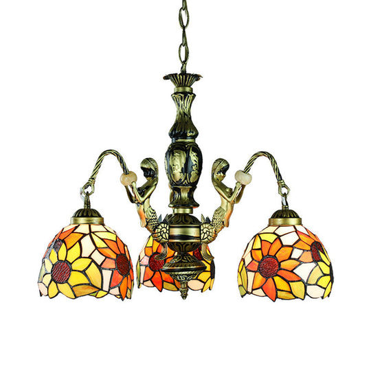 Baroque Orange Chandelier Pendant Light With Stained Glass Shade - 3-Light Dining Room Ceiling Lamp