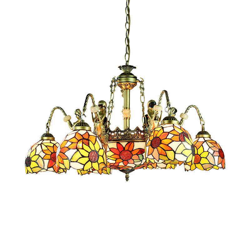 Sunflower Tiffany Cut Glass Pendant Chandelier with 9/11 Tribute Lights in Orange for Bedroom