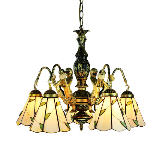 Conical Pendant Chandelier - 5-Light Tiffany Style Fixture in Beige with Cut Glass Accents