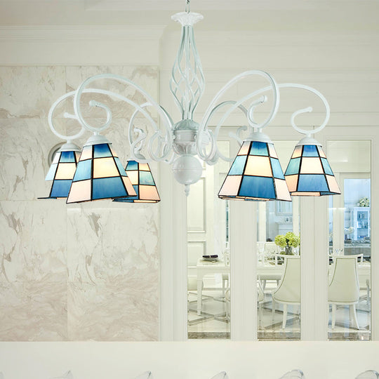 Mediterranean Cone Chandelier, Curved Arm, 6/8 Heads, Blue Glass Pendant Lighting - Ideal for Living Rooms