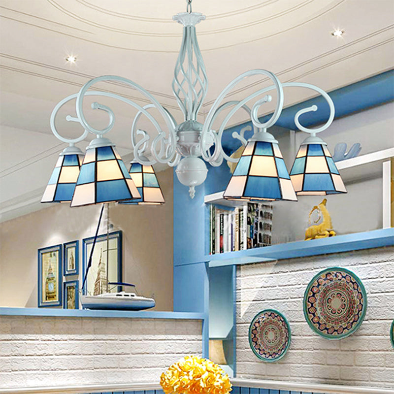 Mediterranean Cone Chandelier, Curved Arm, 6/8 Heads, Blue Glass Pendant Lighting - Ideal for Living Rooms