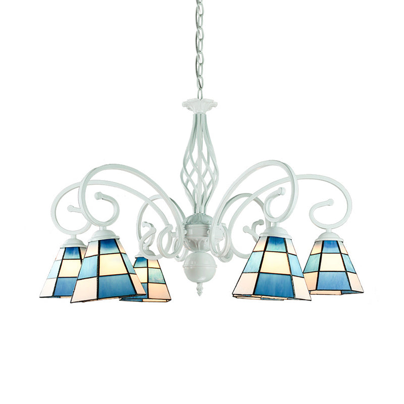 Mediterranean Cone Chandelier, Curved Arm, 6/8 Heads, Blue Glass Pendant Lighting - Ideal for Living Rooms