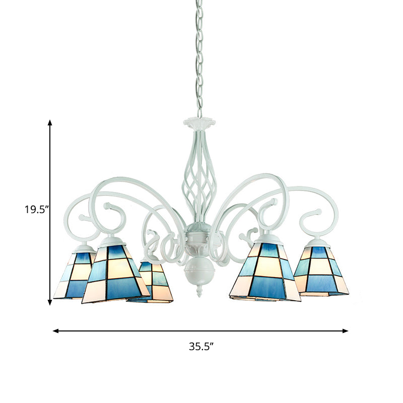 Mediterranean Cone Chandelier, Curved Arm, 6/8 Heads, Blue Glass Pendant Lighting - Ideal for Living Rooms