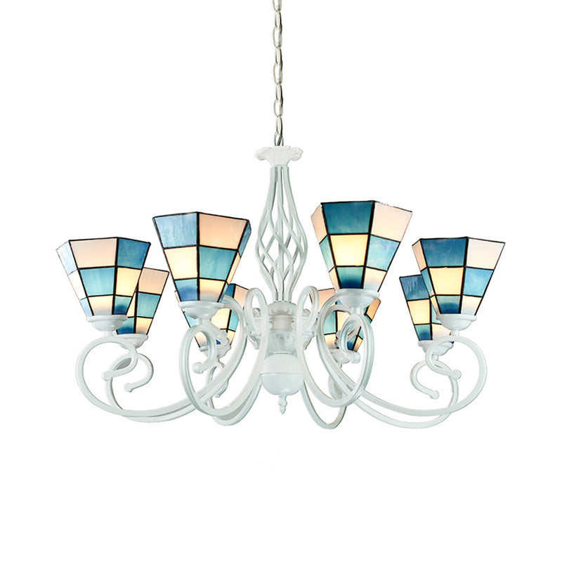 Mediterranean Cone Chandelier, Curved Arm, 6/8 Heads, Blue Glass Pendant Lighting - Ideal for Living Rooms