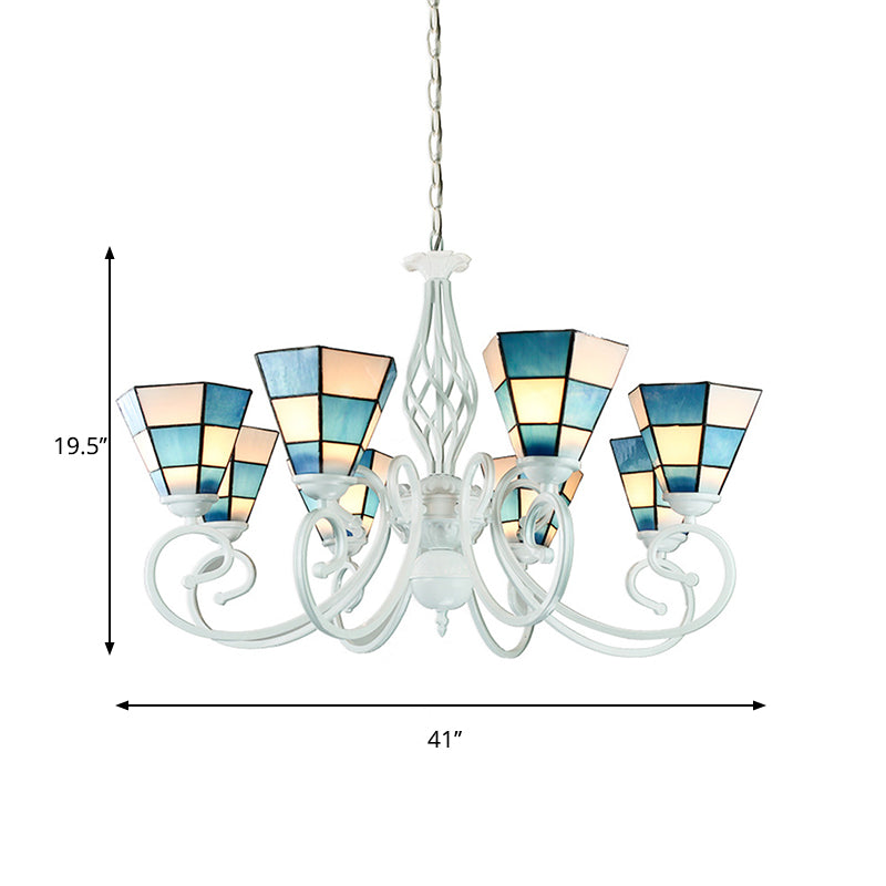 Mediterranean Cone Chandelier, Curved Arm, 6/8 Heads, Blue Glass Pendant Lighting - Ideal for Living Rooms