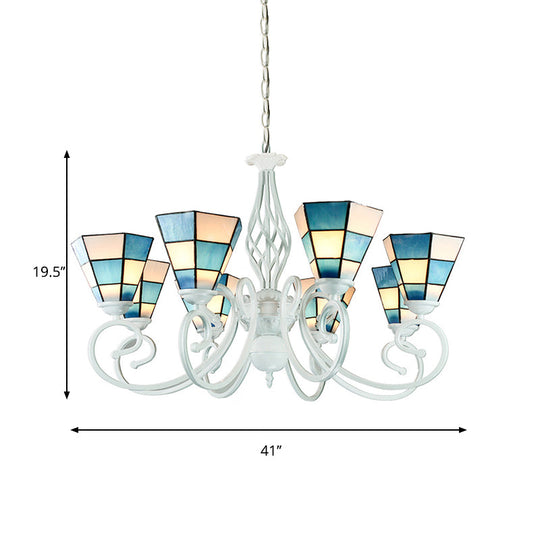 Mediterranean Cone Chandelier, Curved Arm, 6/8 Heads, Blue Glass Pendant Lighting - Ideal for Living Rooms